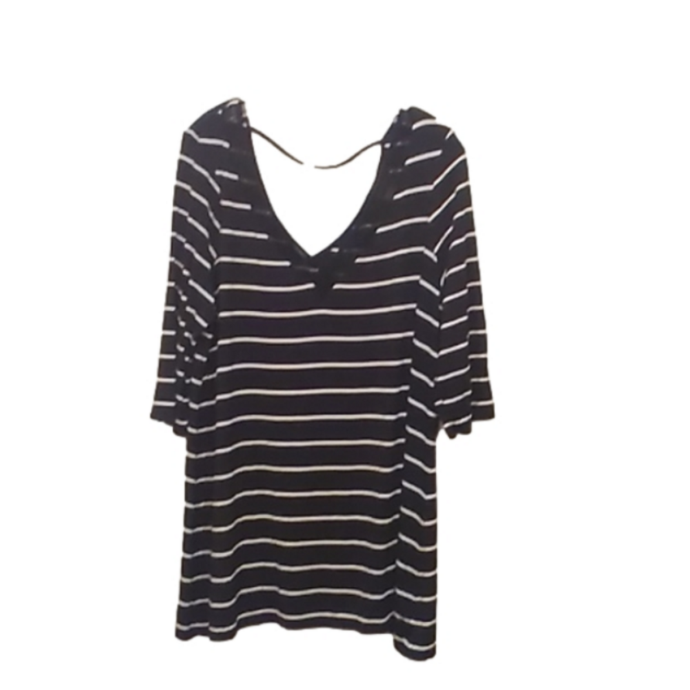 2/25 Black with White stripes V-neck jersey knit Tunic T-shirt Size 1X o…